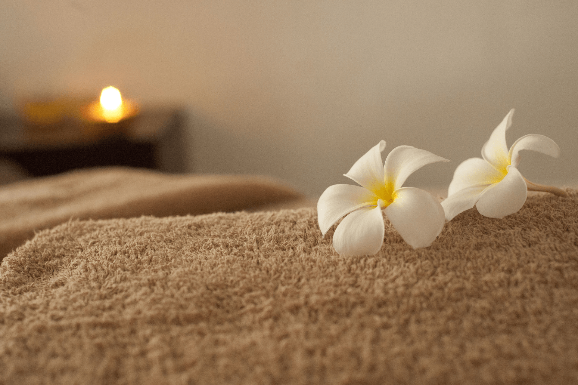 Two white flowers on a towel at a spa